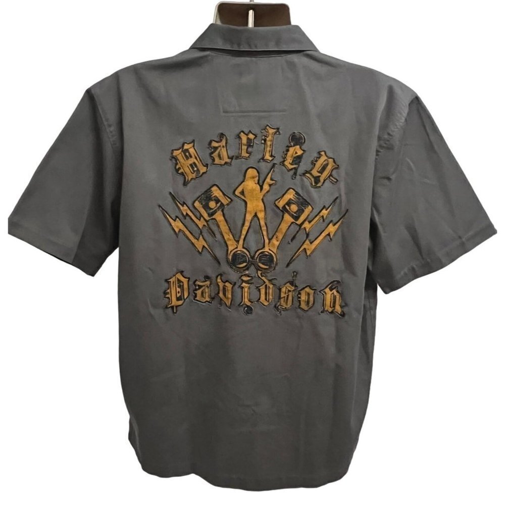 Harley Davidson Gray Mechanic Garage Embroidered Button Front Shirt Large Pocket